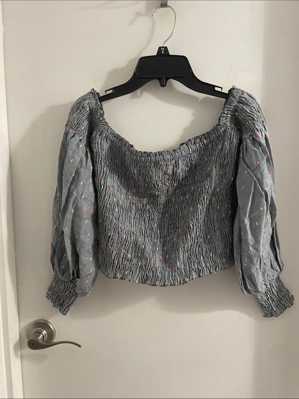 NWT ABACAXI NYC Small blue & multicolor dots Smocked Off The Shoulder Top $129